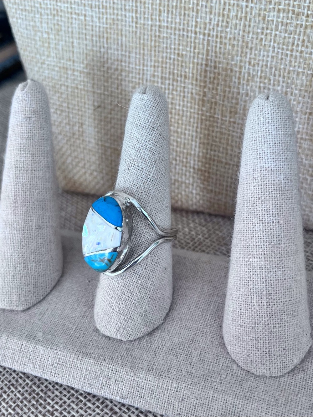 Vintage Taxco Mexico Silver Ring Size 7.5 Blue Iridescent Inlay Signed
